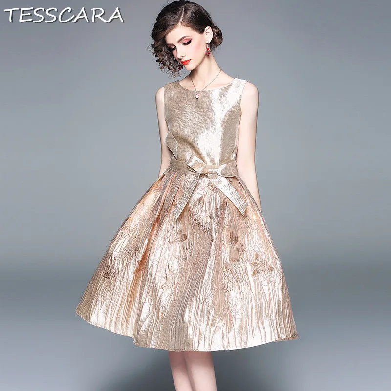Golden TESSCARA женское элегантное жаккардовое платье Festa женское высококачественное винтажное ТРАПЕЦИЕВИДНОЕ дизайнерское Vestidos Золотое офисное женская одежда для вечеринки - Цвет: Golden