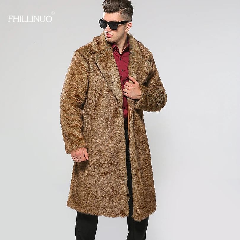 Модные мужские длинные пальто из искусственного меха однотонное с меховым