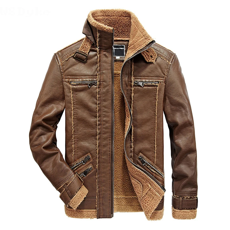 

2021 Winter New Turn Down Collar Velet Lining Mens Leather Biker Jacket