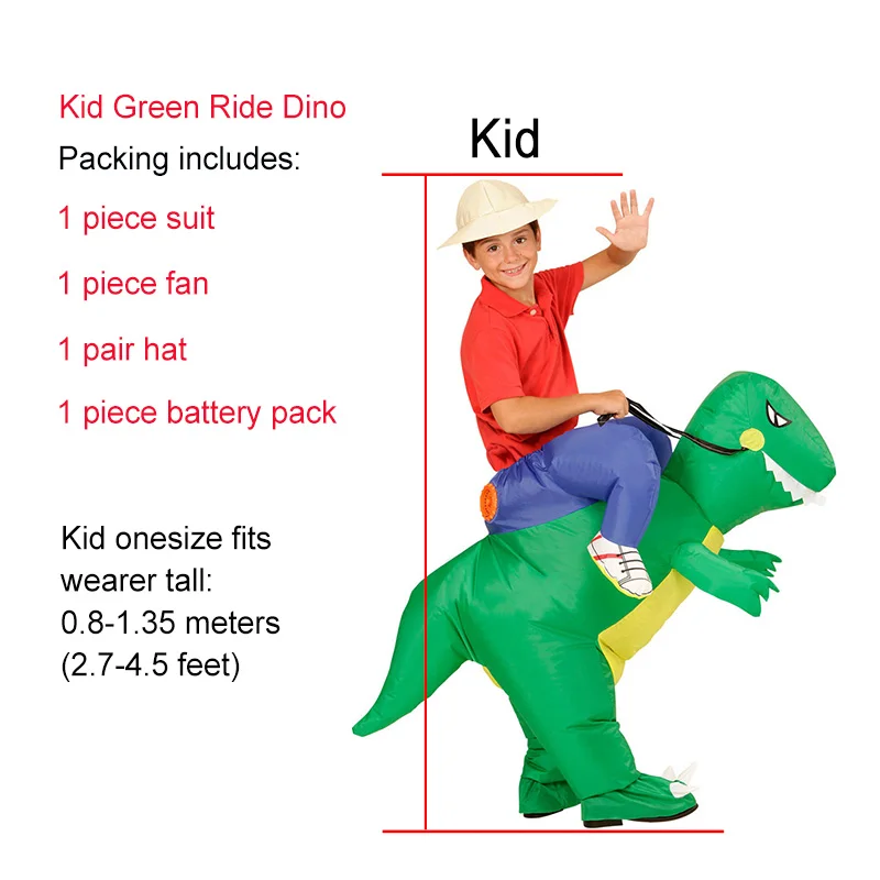 Kid green ride dino JYZCOS, надувной костюм динозавра для детей и взрослых, костюм ковбоя, единорога, сумо, борца, костюм Пурима, карнавальный костюм на Хэллоуин - Цвет: Kid green ride dino