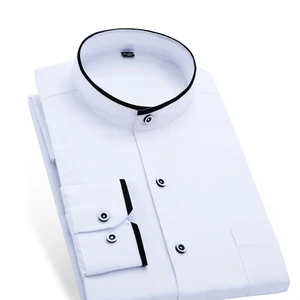 Летние мужские стенд рубашка с воротником вечерние с длинным рукавом облегающая однотонная Цвет для бизнеса; Мужская обувь на плоской подошве повседневные платья-рубашки белыйчерный Цвет