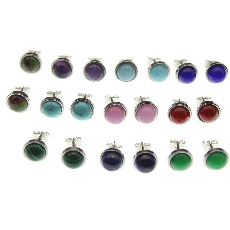 1pair Fashion Stainless Steel Stud Earrings For Women 8mm Round Natural Stone Beads Men Ear Jewelry (Never Fade) | Украшения и