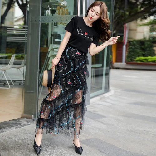 Женский комплект 2 шт. с вышивкой сетчатая Прозрачная Юбка длинные комплекты