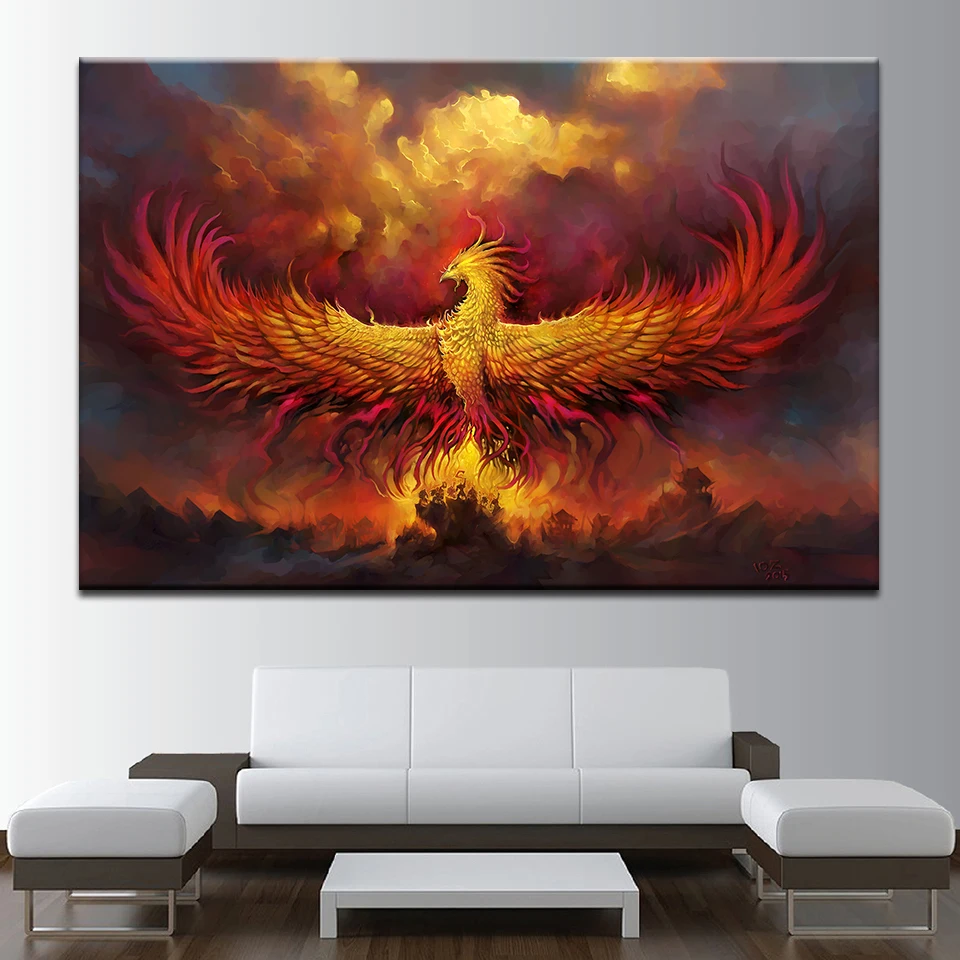 

Modular Home Decorative HD Printed Posters Canvas Oil Painting Picture Fire Phoenix Wall Art Framework For Living Room
