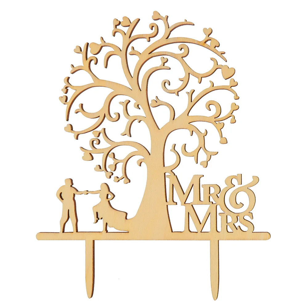 Деревянные палочки для торта Mr & Mrs в форме сердца Топпер свадебного реквизит фото