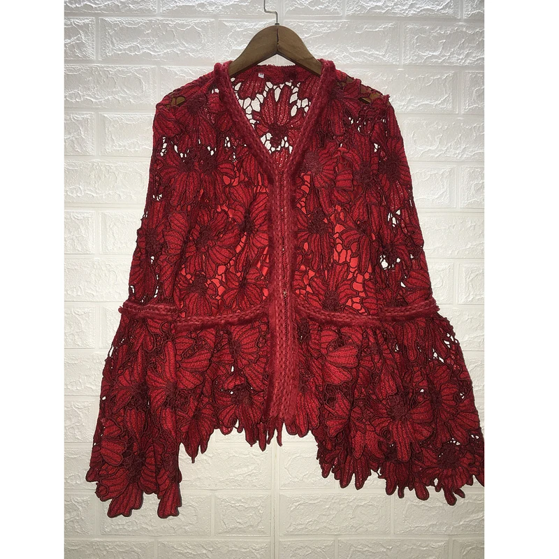 Женская одежда кружевная рубашка с длинным рукавом ажурный v-образный вырез и