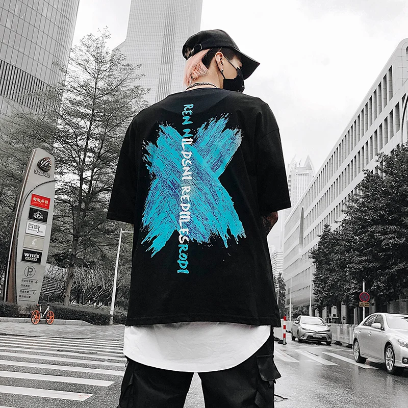 Летняя Модная хлопковая футболка с принтом свободная пара хип хоп Уличная