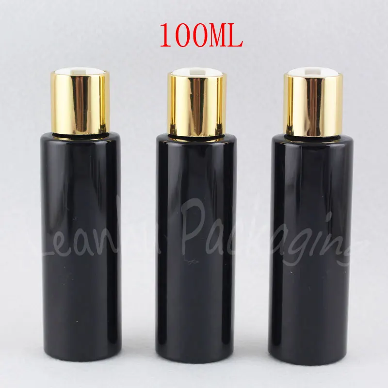 100ML Black Flat Shoulder With Gold Disc Top Cap , 100CC Empty Cosmetic Container , Toner / Lotion Sub-bottling ( 50 PC/Lot )