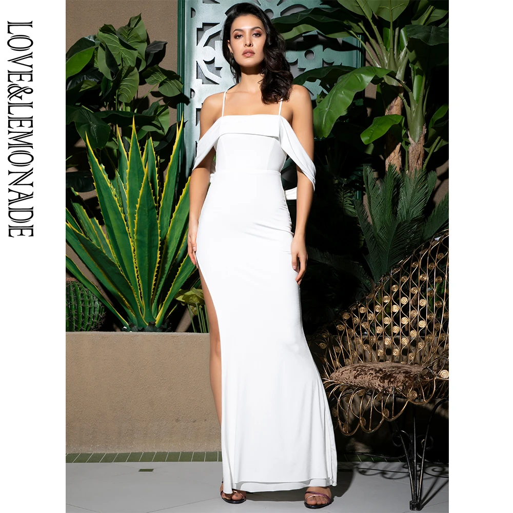 Женское платье на бретельках LOVE & LEMONADE Белое Облегающее Платье макси с открытой