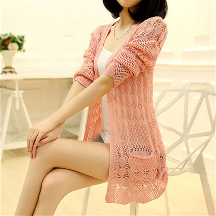 Spring and Autumn new women's hollow knit cardigan sweater long loose (6 colors optional) |