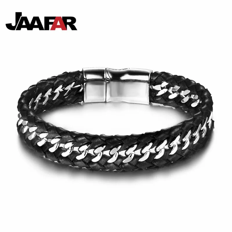 Мужской плетеный браслет из натуральной кожи черный и серебристый нержавеющей