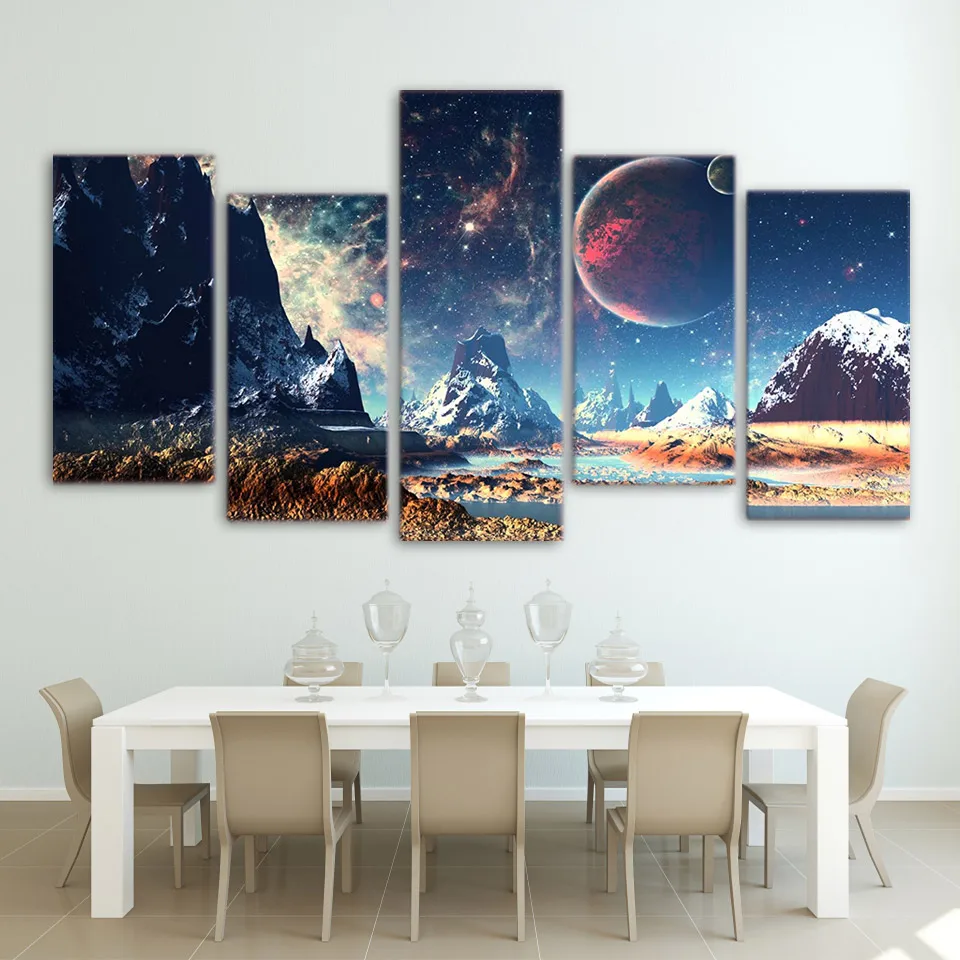 

5 Piece Prints Wall Art Canvas Set Mountains and Space Planet Giclee Art Print Poster Painting Home Decoration