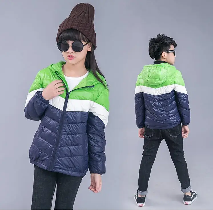 

Rlyaeiz Winter Jacket Coat Boys Girls Color Patchwork Hooded Zipper Short Thin White Duck Down Parka Coats For Kids 2018 New