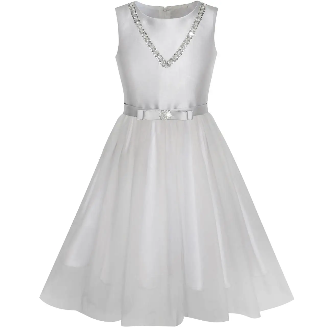 

Girls Dress Silver Gray Bow Tie Sequin Party Princess 2020 Summer Wedding Dresses Girl Clothes Size 6-12 Pageant Sundress