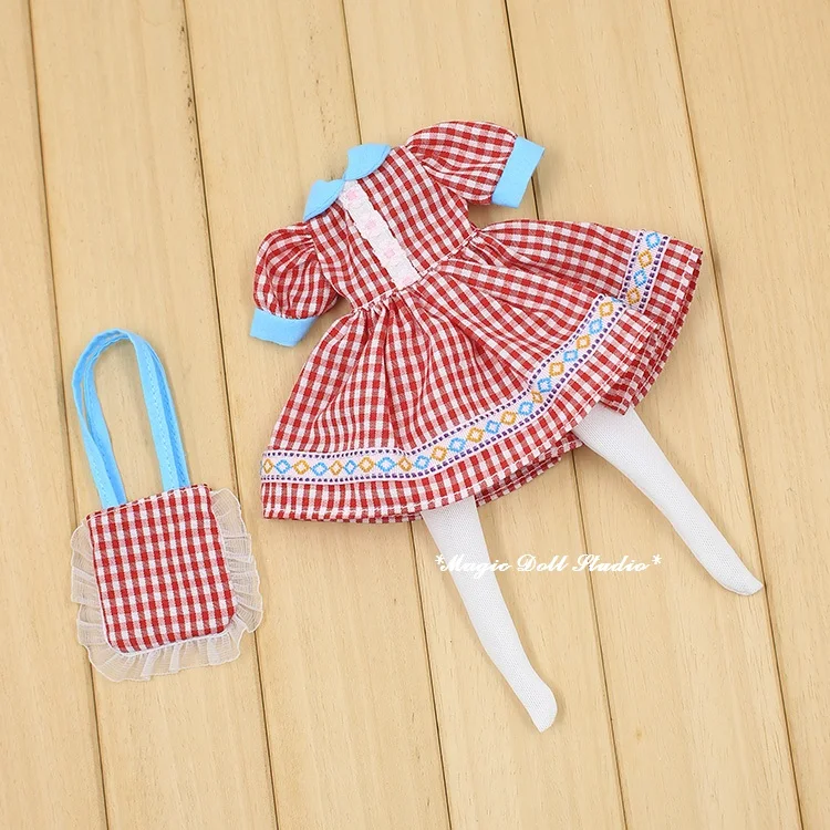 Комплект одежды для кукол Blythe красное платье в сетку колготки и сумка подходит