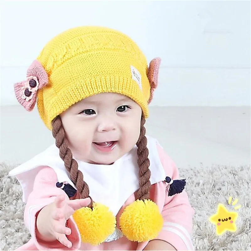 yellow Новое поступление, модная детская шапка-парик для девочек, весенне-зимняя детская шапка для мальчиков, теплые вязаные шапки для девочек - Цвет: yellow