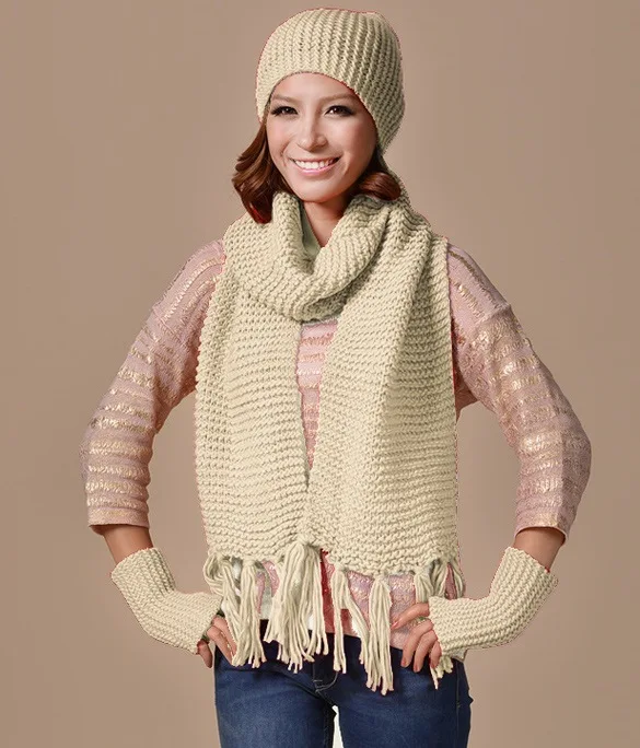 Женский вязаный комплект из шапки шарфа и перчаток|Мужская Skullies & шапочки| |