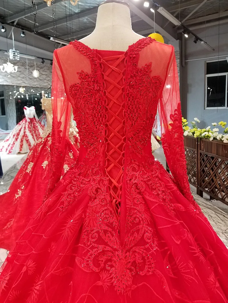 LS34571 винтажное красное свадебное платье невесты с круглым вырезом и длинным