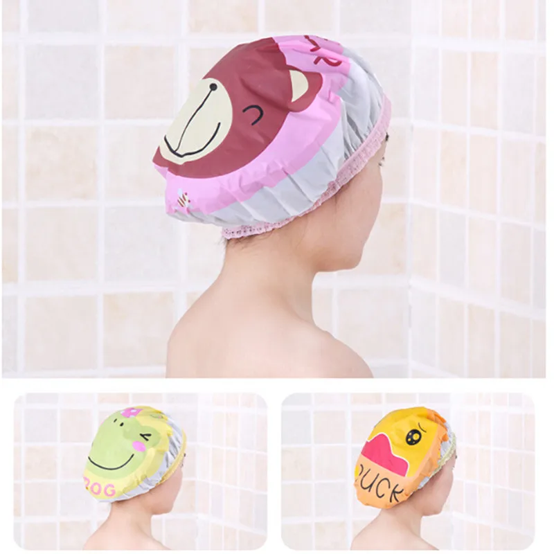 

Hot Cute Cartoon Shower Bath Cap Women Hat For Baths And Saunas Lace Elastic Band Cap Spa Cap Women Kids Hair Protective Cap