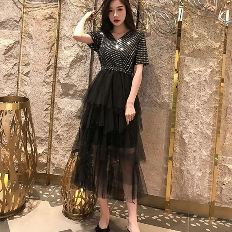 Женское винтажное платье с блестками черное элегантное блестящее Сетчатое