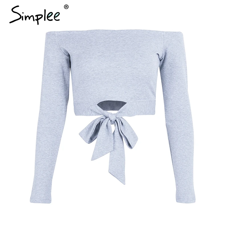 Gray Женский белый топ Simplee c открытыми плечами, привлекательный укороченный топ с завязкой, повседневная рубашка с бантом для дам, женская рубашка сплошного цвета на осень - Цвет: Gray