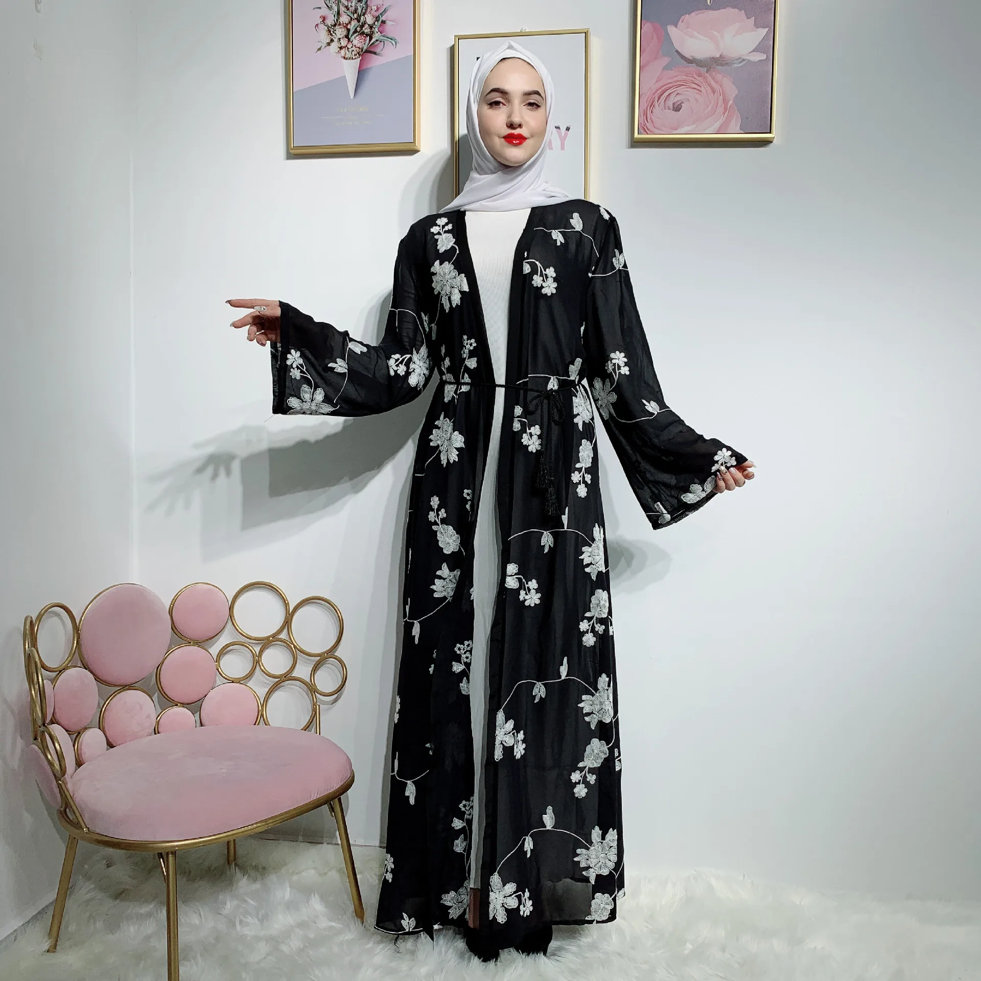 

Elegnat Muslim Abaya Print Maxi Dress Cardigan Long Robe Gowns Kimono Ramadan Eid Islamic Prayer Clothing Worship Service