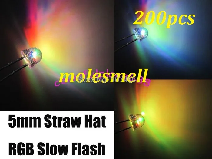 

free shipping 200pcs 5mm Straw Hat Colorful Slow Flashing Flash RGB Red Blue Green LED Leds 5mm strawhat rgb slow flashing led