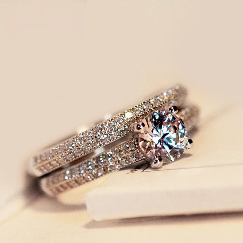 

Fashion Luxury Zircon Stone White Bridal Wedding Ring Set silver plated Filled Jewelry Promise Engagement Party Rings For Women