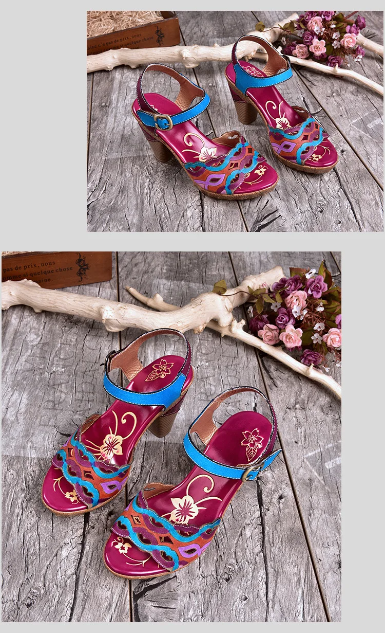 Plus Size Women Sandals 8 CM Super High Heels Chunky Summer Shoes Embroidery Ladies Retro Sandals Genuine Leather Retro Shoes