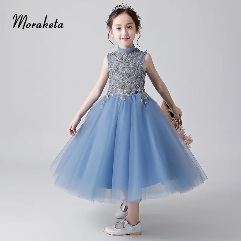 

High Neck O-neck Sleeveless Ball Gown Tulle Long Kids Pageant Dresses Princess Ankle-length Flower Girl Dresses For Wedding