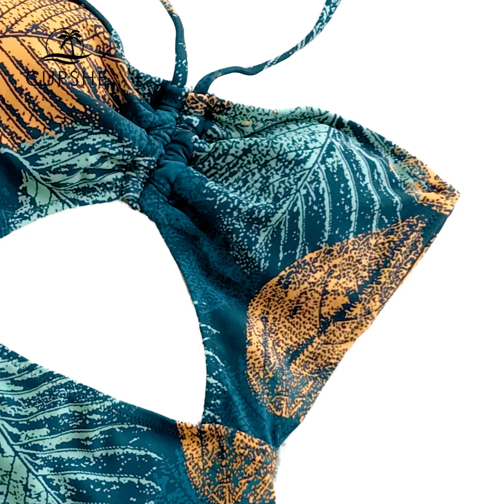 CUPSHE зеленый и золотой Листья печати Холтер цельный купальник женский открытая