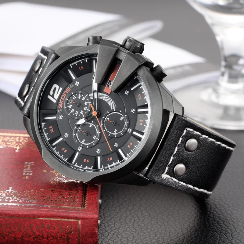 Часы SKONE мужские Роскошные Кварцевые часы стальной и кожаный ремешок наручные