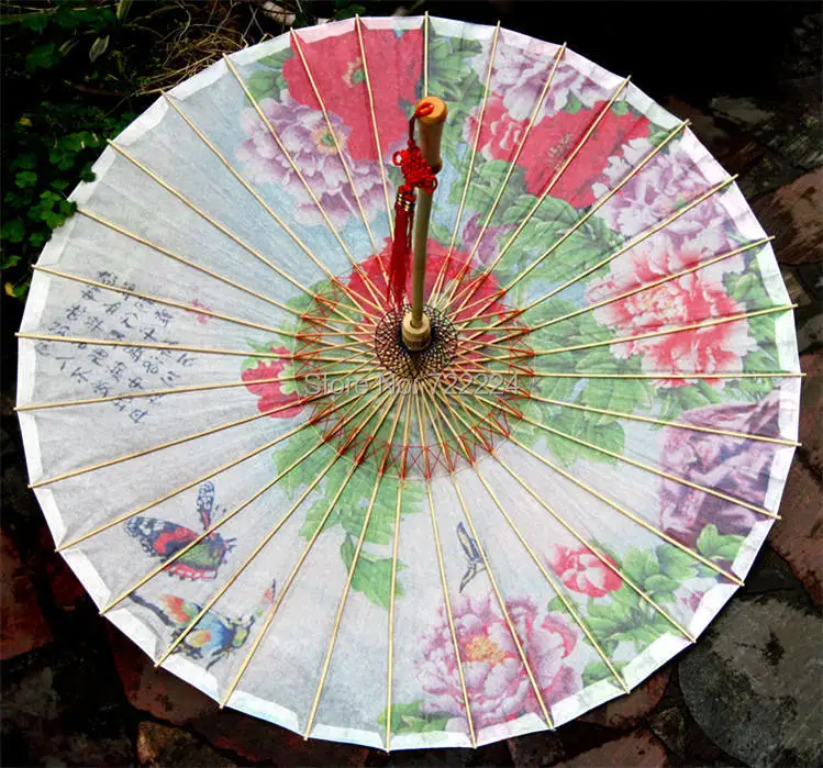 Китайский традиционный зонтик, сделанный вручную из бумаги с маслом, с бабочками, летящими в пионах, в подарочной упаковке, классический.