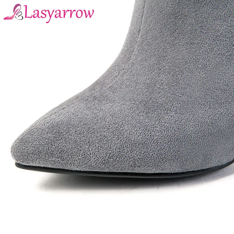 

Lasyarrow 2019 Women Boots Feather Mid Calf Boots Autumn Winter Shoe Thin High Heel Pointed Toe Party Shoes Ladies Boots F337