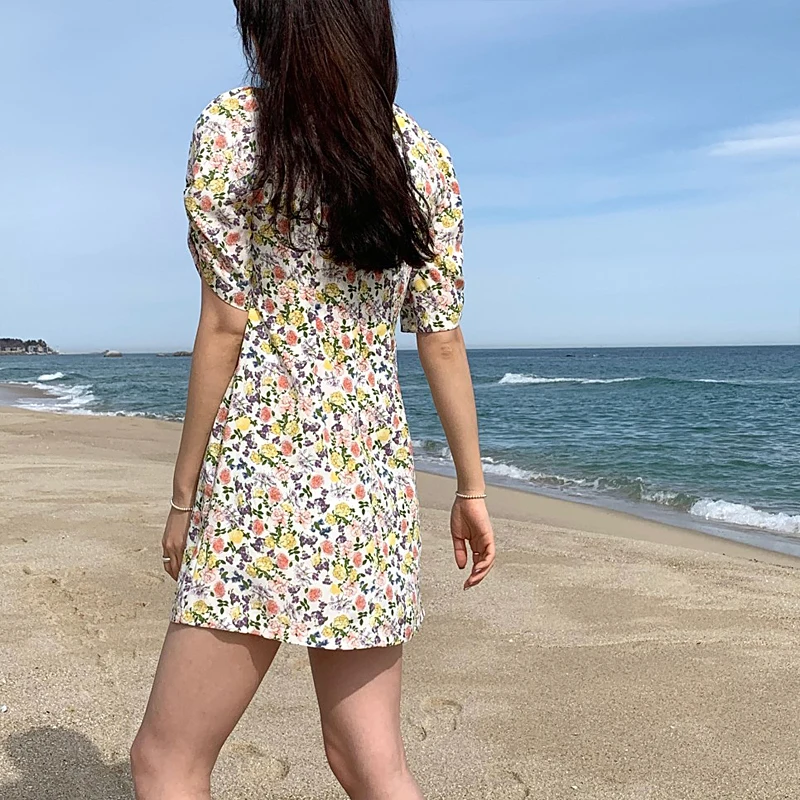 Для женщин платья для Ins девушка Kawaii Ulzzang винтажный буф рукавом платье с цветочным