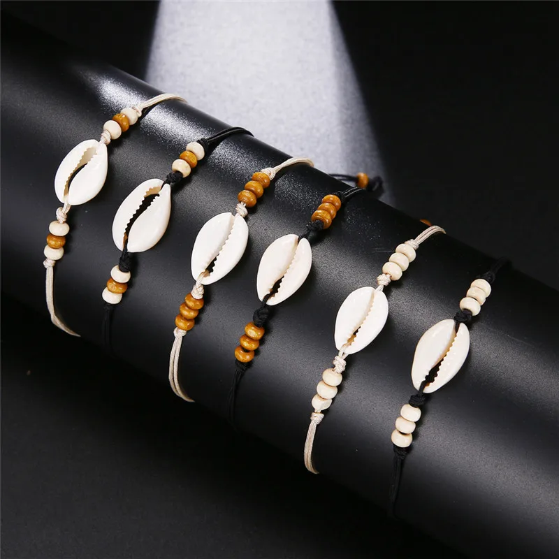 Женский плетеный браслет Cowrie в богемном стиле регулируемый с морскими ракушками