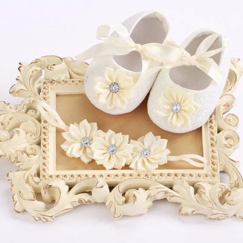 Kids Girls sapato bebe Rhinestone Flower baptism baby Shoe Headband Set Ballerina Shoes Baby Shower Slippers Boutique 3 set/lot |