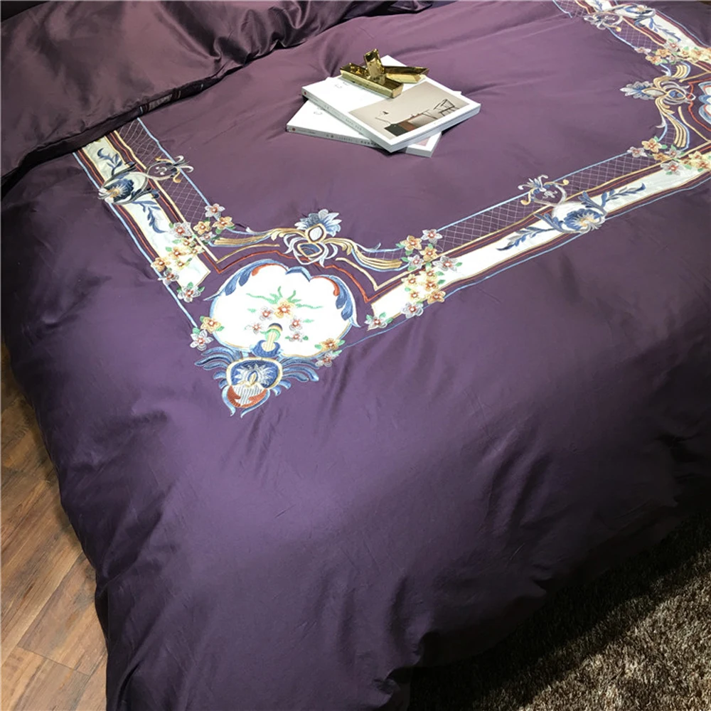 New purple Chinese Wedding Embroidery Luxury Egyptian Cotton Bedding set 4Pcs Queen King size Duvet cover Bed sheet Gifts | Дом и сад