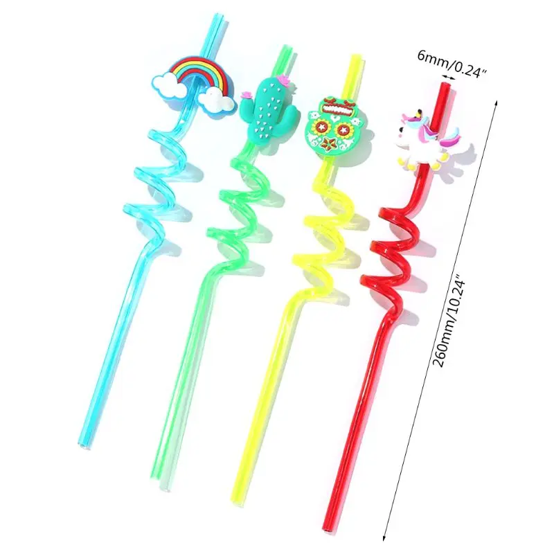 4 шт. пластиковые спиральные соломинки с изображением мультяшных кактусов