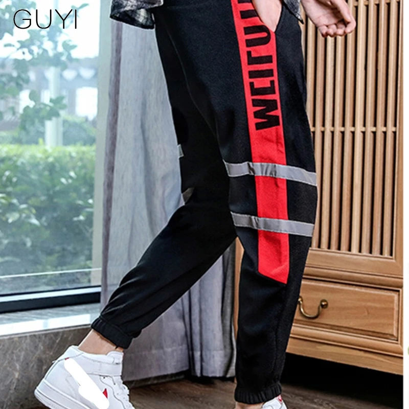 GUYI Sport Pants Men Full Length Drawstring Joggers Male Boy Fashion Casual Streetwear Trousers Print Side Stripe Black Letter | Мужская
