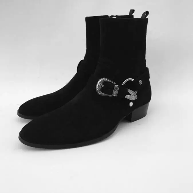 2019 FR.LANCELO Black Soft Genuine Leather Metal Buckle Cross Men Boots Chelsea Flats Zipper Shoes Mens Zapatillas | Обувь