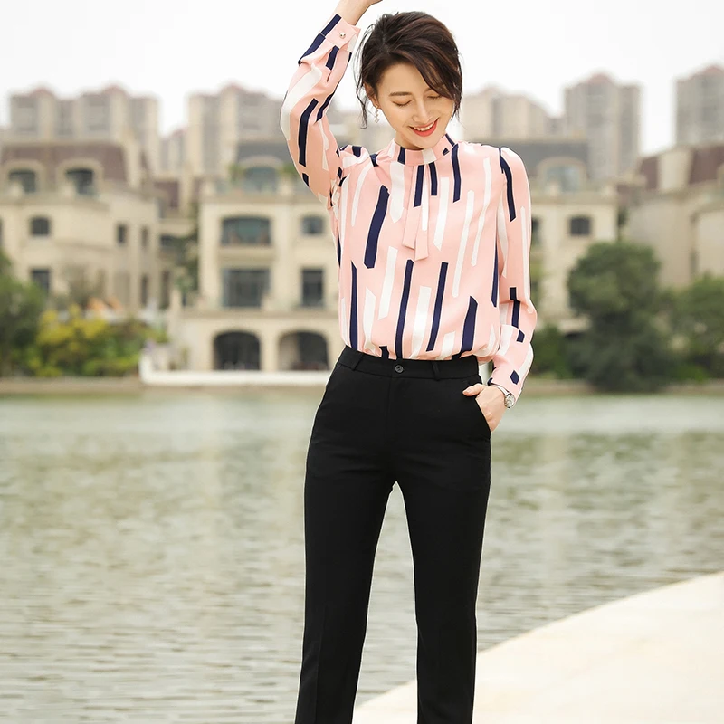 

Lenshin Striped Shirts for Women Full Sleeve Blouse Work Wear Office Lady Female Stand Collar Tops Chemise Loose style