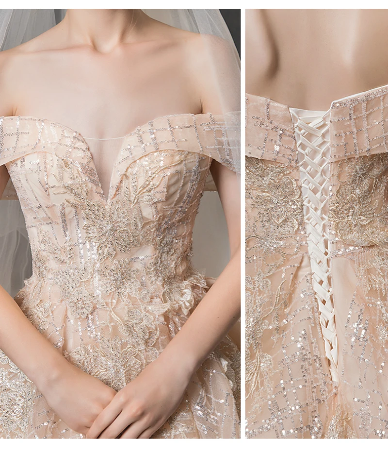 Женское свадебное платье со шлейфом SSYFashion роскошное длинное цвета шампанского с