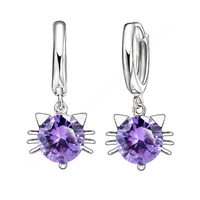 cute cat head 925 sterling silver earrings with clear purple cubic zirconia dangle drop lovely earring wholesale