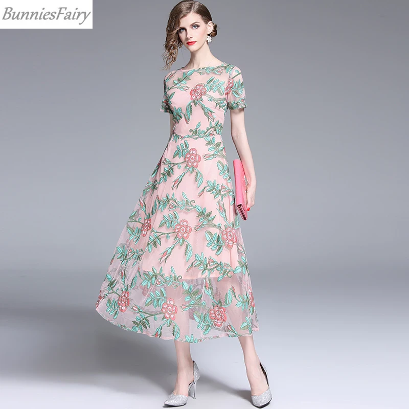 BunniesFairy 2019 летнее элегантное милое цветочное вышитое розовое Сетчатое платье феи