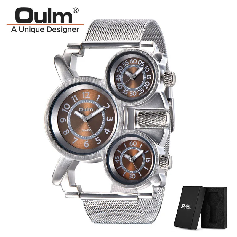 C2(with box) Мужские часы, Прямая поставка, Oulm, Лидирующий бренд, роскошные, военные, кварцевые часы, уникальные, 3 небольших циферблата, с сетчатым ремешком, мужские наручные часы erkek saat - Цвет: C2(with box)