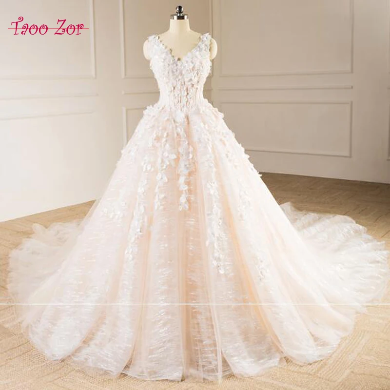 Taoozor почетный Robe De Mariage цветы жемчуг Кружево ТРАПЕЦИЕВИДНОЕ свадебное платье