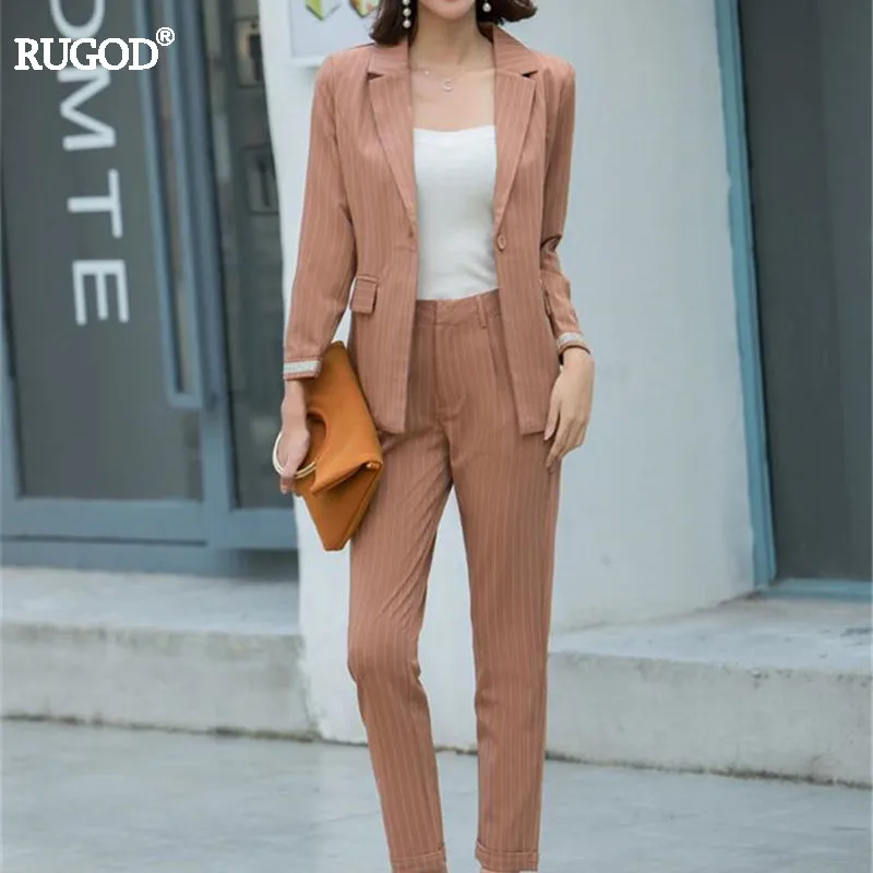 Женский блейзер в полоску Rugod деловой костюм с длинными штанами для осени 2018 |