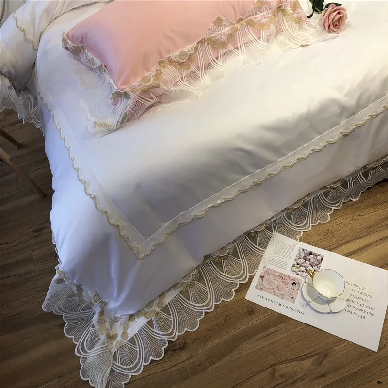 Princess luxury White Pink Violet Romantic lace silk Cotton Wedding Bedding Set Duvet Cover Bed sheet Linen Pillowcases 4pcs | Дом и сад