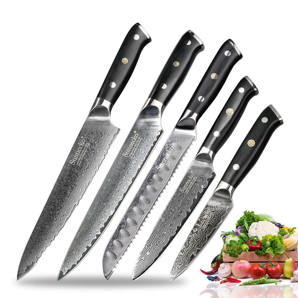 

SUNNECKO 5pcs Damascus Kitchen Knife Set Chef Slicing Bread Utility Paring Knives Japanese VG10 Steel Sharp Blade G10 Handle